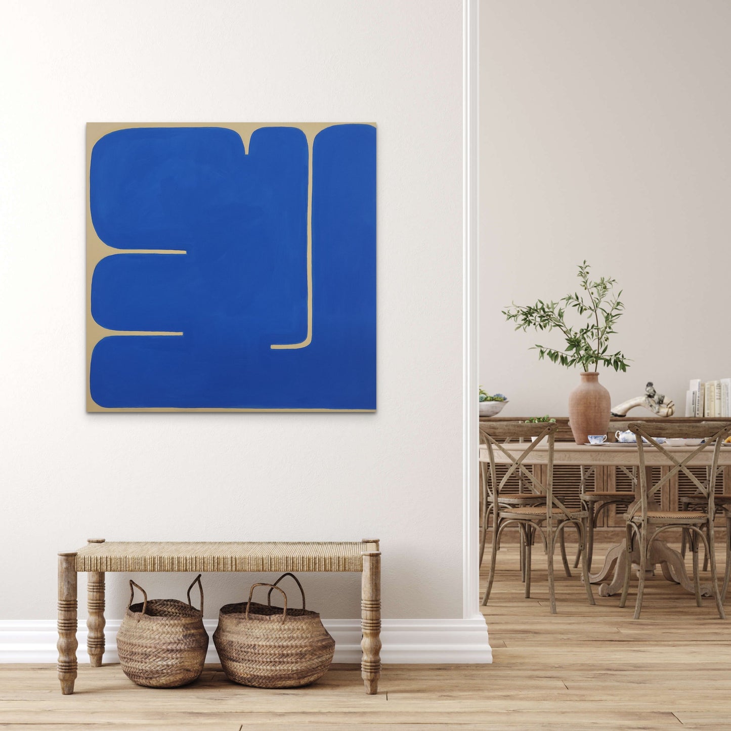 Original Artwork Art Painting Minimalist Composition Geometric Vibrant Blue Acrylic on Canvas by Sibylle Werkmeister on wall interior design mediteranean rustic cozy living