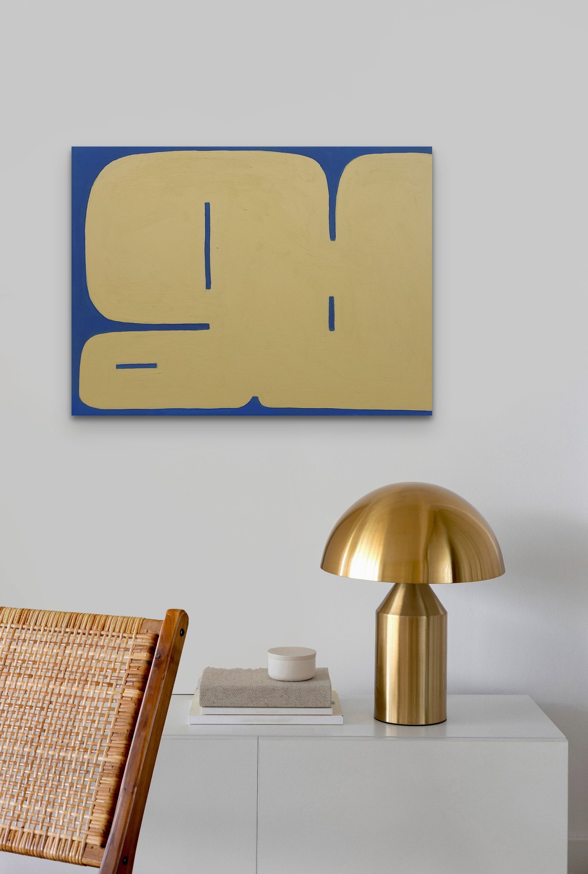 Original Abstract Minimalist Artwork Painting by Sibylle Werkmeister Small Size Acrylic on canvas blue yellow interior design home decor office decor desk modern living