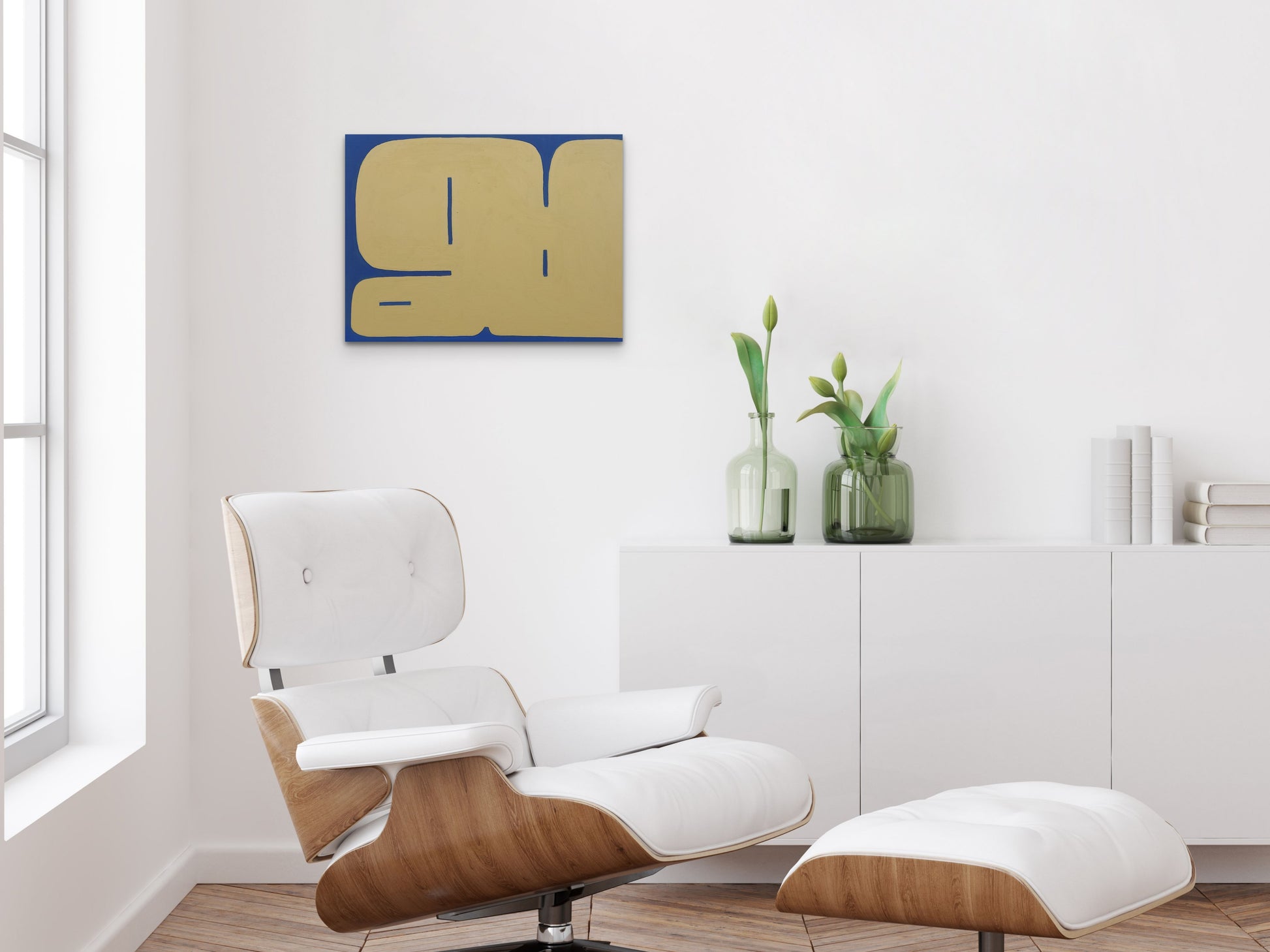 Original Abstract Minimalist Artwork Painting by Sibylle Werkmeister Small Size Acrylic on canvas blue yellow scandinavian design living room interior design fine art