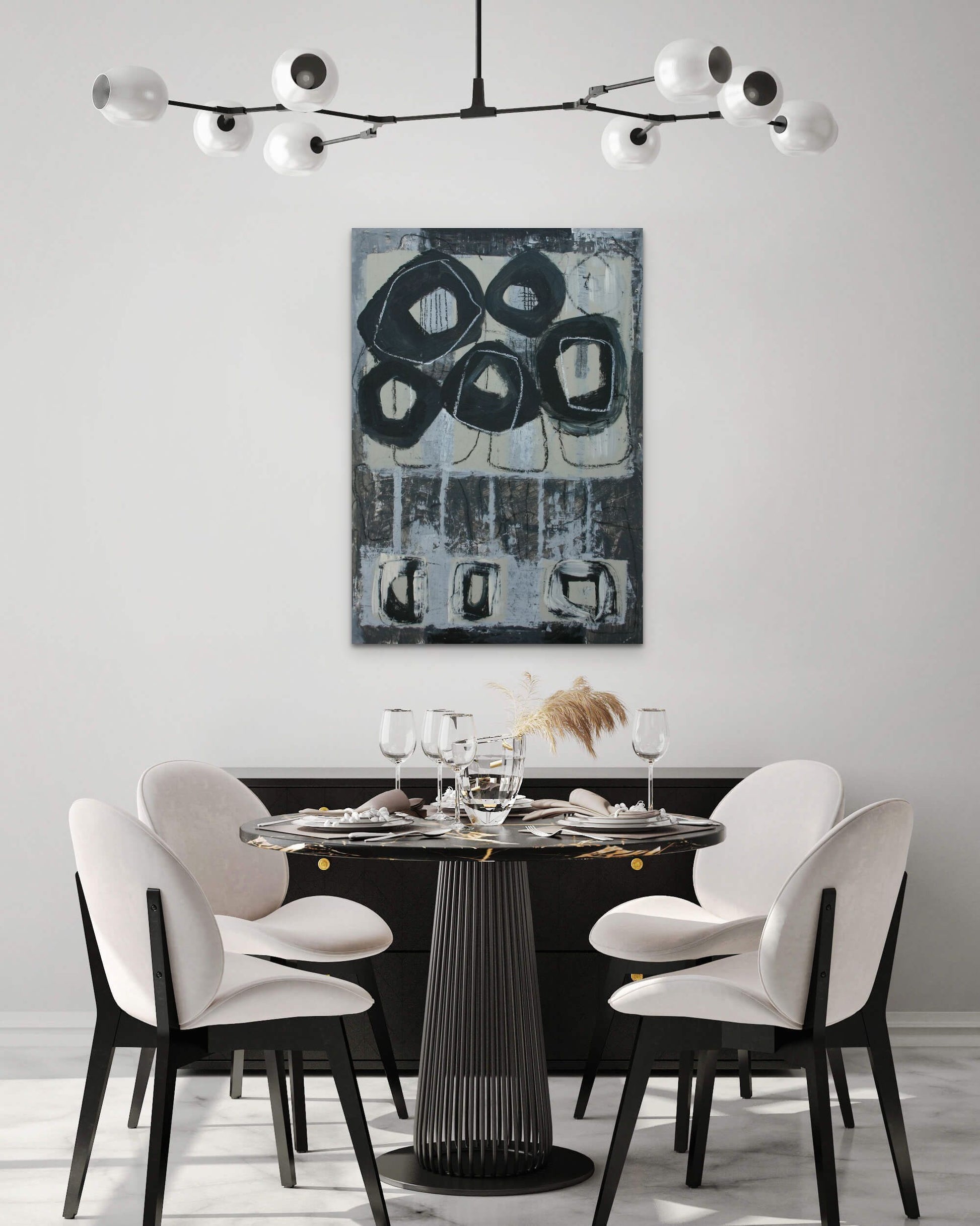 Abstract artwork painting zaragoza by Sibylle werkmeister on wall dining room interior design modern black white neutral