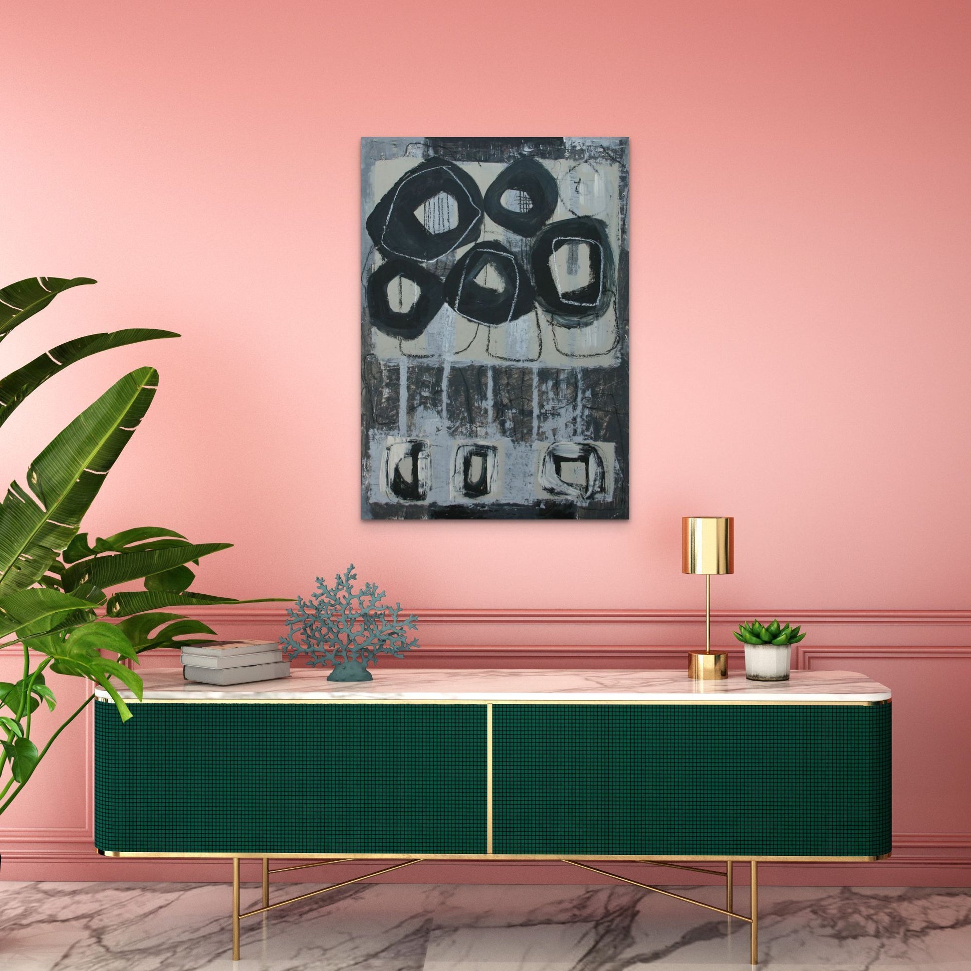 Abstract artwork painting zaragoza by Sibylle werkmeister interior design art deco pink wall green gold