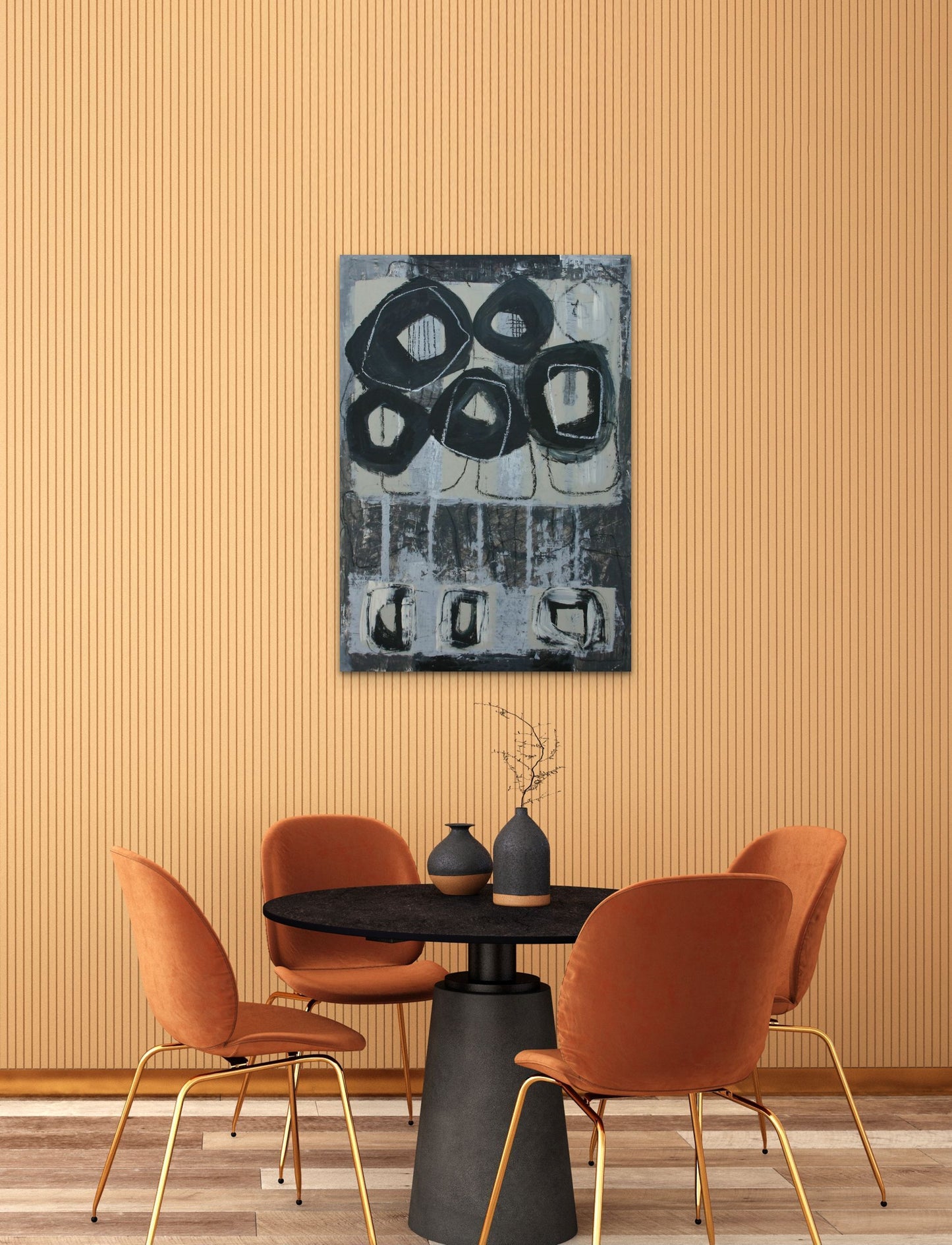 Abstract artwork zaragoza painting by Sibylle werkmeister minimalism dining room wasabi interior design orange black gold