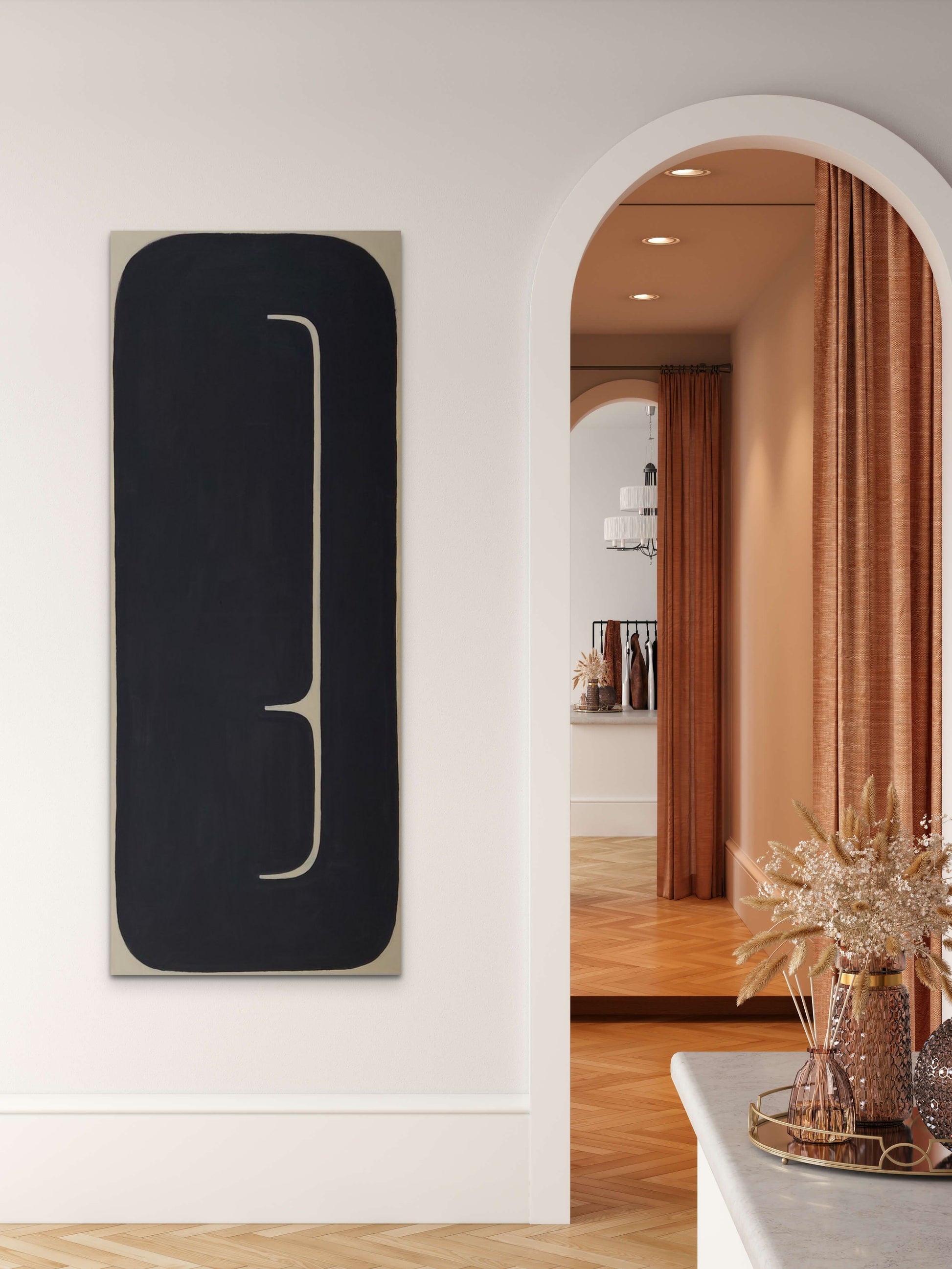 Original Fine Art Artwork Painting Minimal Abstract ZEN GAMES No.9 by Sibylle Werkmeister rectangular black geometric bold modern living arched door midcentury style interior design inspo