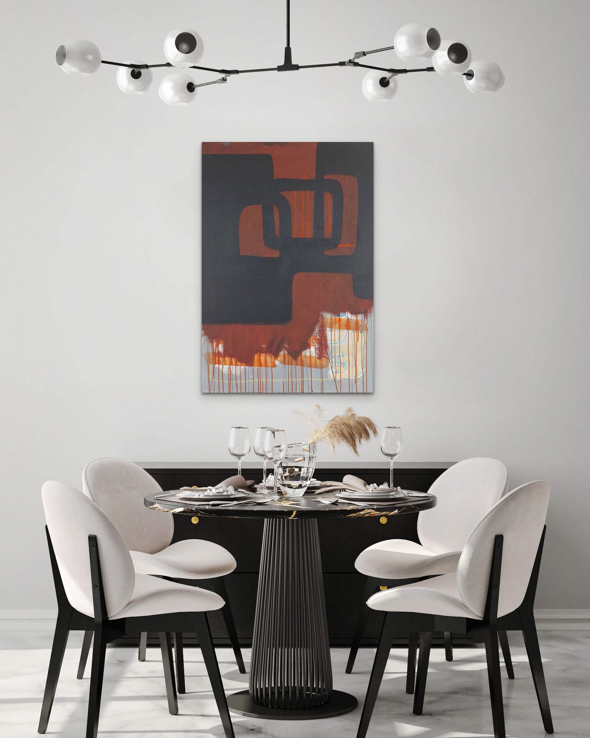 Abstract artwork painting LLegar by Sibylle werkmeister in dining room