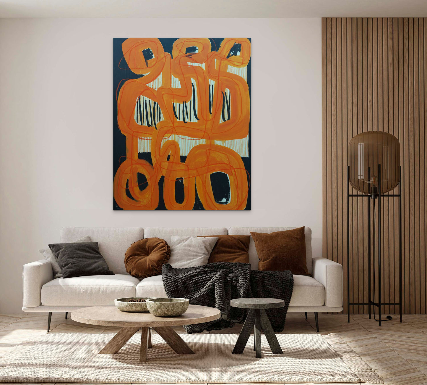 Abstract Artwork Painting THE Tweenties by Sibylle Werkmeister in vibrant bold bright orange midcentury style modern living room